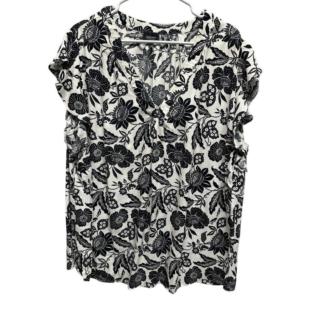 Women Flutter Sleeve Black Floral Tunic Blouse 3X V Neck Boho Jones & Co‎